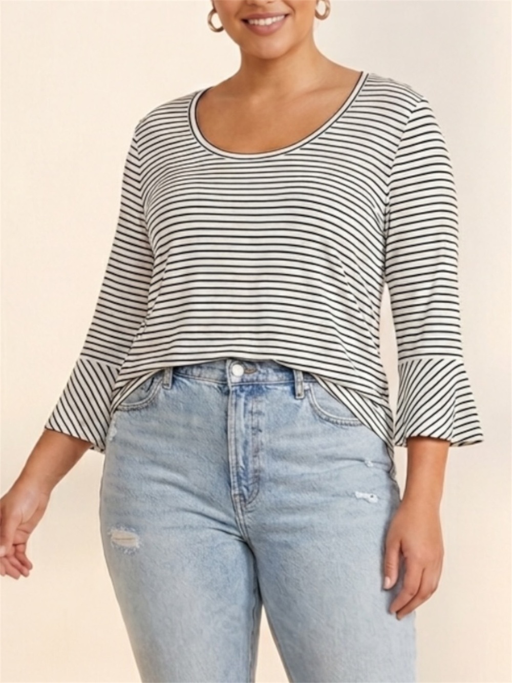 NWT Avec Les Filles Striped Bamboo Bell Sleeve Top - Large